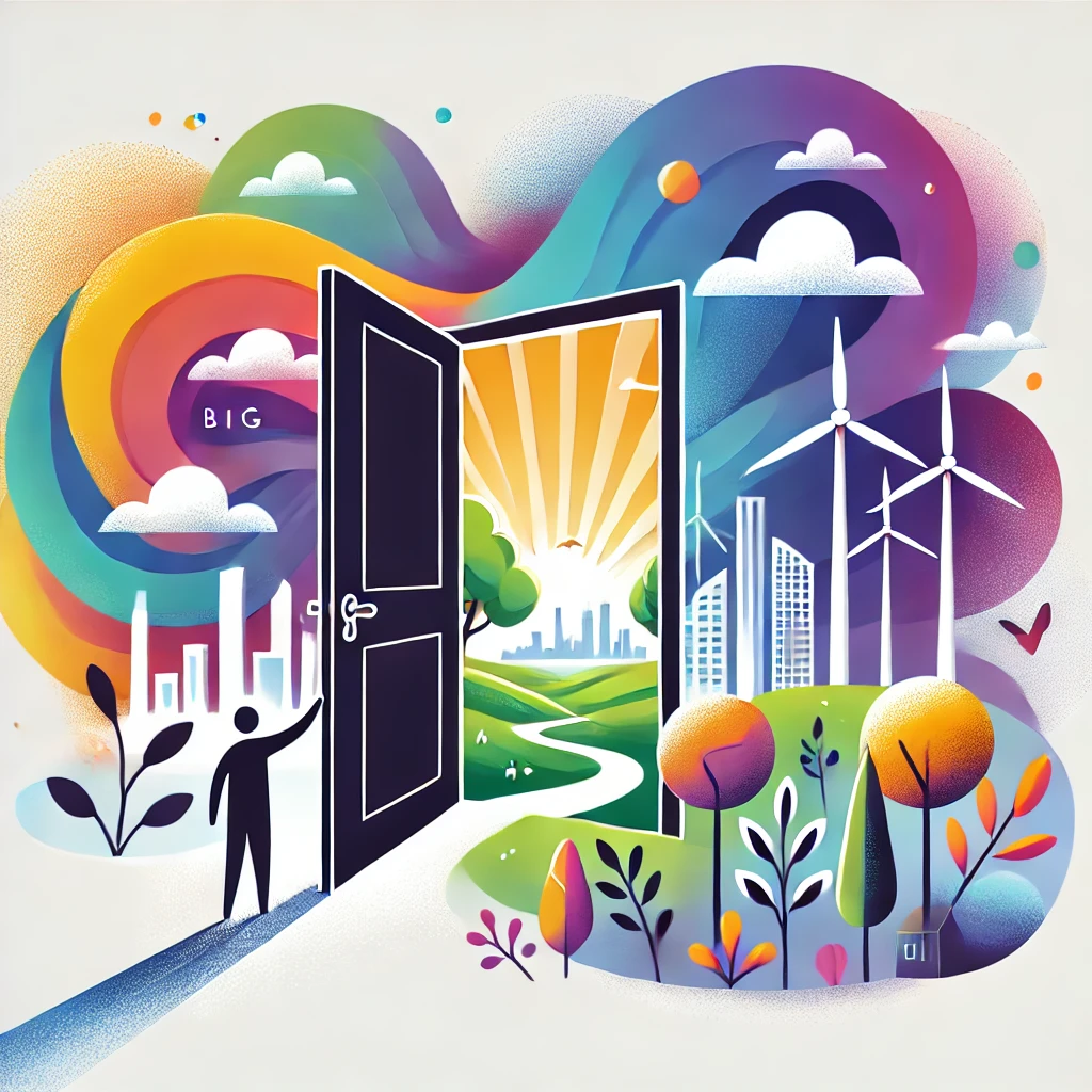 Vector illustration of a person opening a large, dark door that leads to a bright future landscape. The landscape features flourishing trees, renewable energy windmills, and a thriving city, symbolizing opportunities that arise from facing big challenges. The color scheme includes a gradient of bright magenta and bright orange, with minimal accents of purple, yellow, aqua, and bright green.